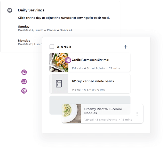 Meal plan customization settings, and drag and drop of a recipe card
