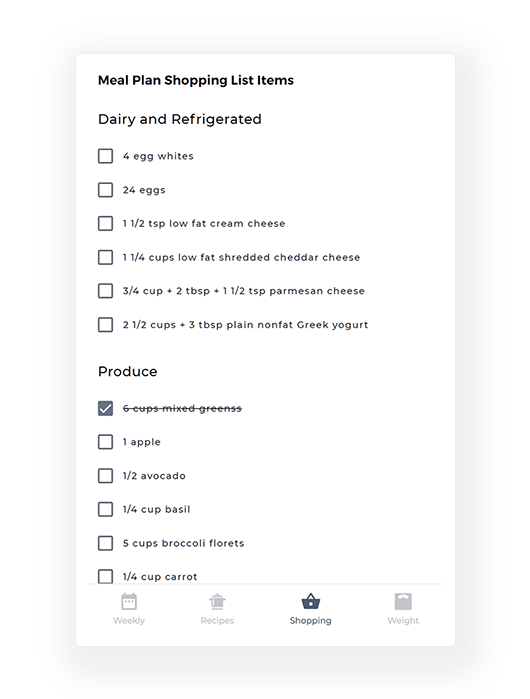 Meal plan shopping list with grocery delivery options